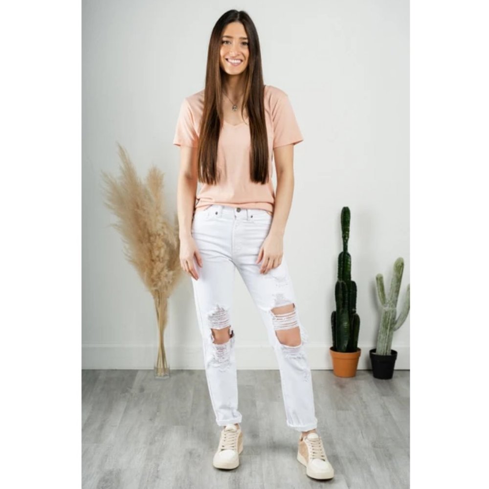 JBD Ripped White Cropped Mom Jeans